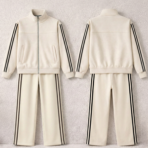 Ensemble de survêtement rayé 2 pièces pour <span class=keywords><strong>femme</strong></span>, veste zippée à col montant et pantalon droit, en tricot respirant et écologique polyester/coton - Product Image 3