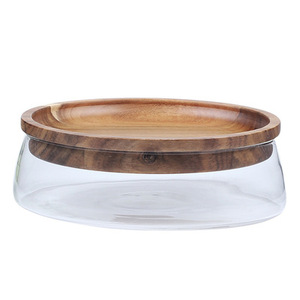 Round Glass Candy and Nuts Serving <b>Container</b> with Wooden Lid Food <b>Snack</b> Tray Bread Plates - Product Image 2