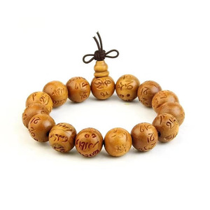 Pulsera de madera de melocotón con cuentas talladas con mantra de seis sílabas, joyería budista unisex - Product Image 5
