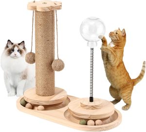 <strong>Cat</strong> Scratching Post Is Equipped with a <strong>Cat</strong> Food Feeder, a <strong>Cat</strong> Teaser Stick, and a Double-layer Wooden Track Ball Toy. - Product Image 1