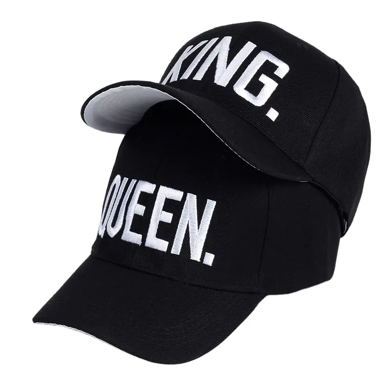 Yapılandırılmış toptan akrilik kumaş kral kraliçe nakış erkek siyah spor beyzbol şapkası şapka