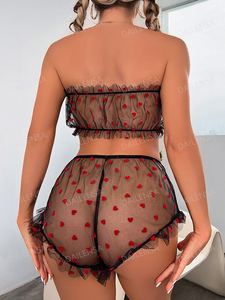 Ensemble de <span class=keywords><strong>lingerie</strong></span> sexy pour femme, dentelle florale, vêtements de nuit, maille transparente douce, soutien-gorge sans bretelles, broderie petit cœur, ensemble de <span class=keywords><strong>lingerie</strong></span> 2 pièces - Product Image 2