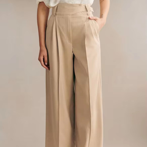Pantalon Palazzo Élégant Beige Taille Haute Plissé à Ceinture Croisée Coupe Large pour Femme – Idéal Bureau et Tenues Décontractées Professionnelles - Product Image 1