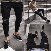 Nouveaux hommes noir Denim genou déchiré fermeture éclair pantalon mode tendance Stretch Skinny Jeans décontracté épée nuage Leggings