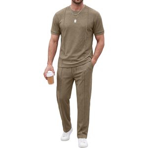 FOXA Mens 2 Piece <b>Set</b> Short Sleeve Shirt Loose Pants Summer Textured Suit Breathable Cotton <b>Knitted</b> Men's Outerwear - Product Image 1