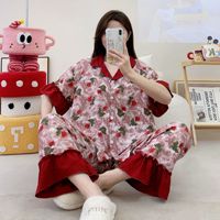 Nouvelle collection été-automne : Ensemble de pyjama pour femme en coton mousse, avec cardigan à manches courtes, imprimé dessin animé, manches à volants et taille élastique.