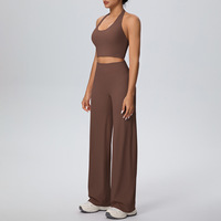 Conjunto de Yoga al por Mayor para Mujer, Tallas Grandes, Cuello Halter, Sin Costuras, Cintura Elástica, Sujetador Deportivo, Pantalones Acampanados, Ropa de Gimnasio y Fitness, Fabricante OEM