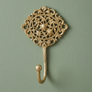 Vintage Brass Wall <b>Hook</b> With Floral Carved Design For Coat Or Clothing Storage - Product Image 3