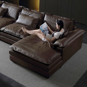 Juego de Sofás en Forma de L de Cuero Genuino Minimalista Italiano con Asientos Extra Anchos Desmontables para Salas de Estar Grandes - Product Image 3