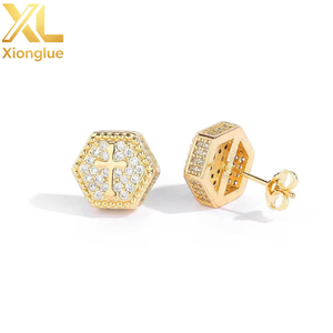 Nouvelles boucles d'oreilles hexagonales en or plaqué 18 carats, bijoux tendance hip-hop pour femmes et hommes - Product Image 2