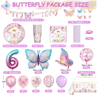 Assiettes, gobelets, serviettes, nappes, ballons, accessoires, décorations de gâteau, drapeaux, vaisselle et fournitures pour fête prénatale ou anniversaire sur le thème des papillons