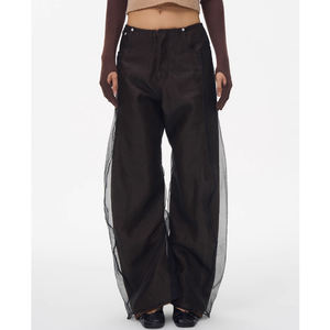 Vaqueros de Pierna Ancha Azul Oscuro con Corte Curvo y Estilo Largo, Personalizados, de <span class=keywords><strong>Doble</strong></span> Capa con Malla Marrón, Combinados con <span class=keywords><strong>Tela</strong></span> de Malla Ligera en el Exterior - Product Image 5