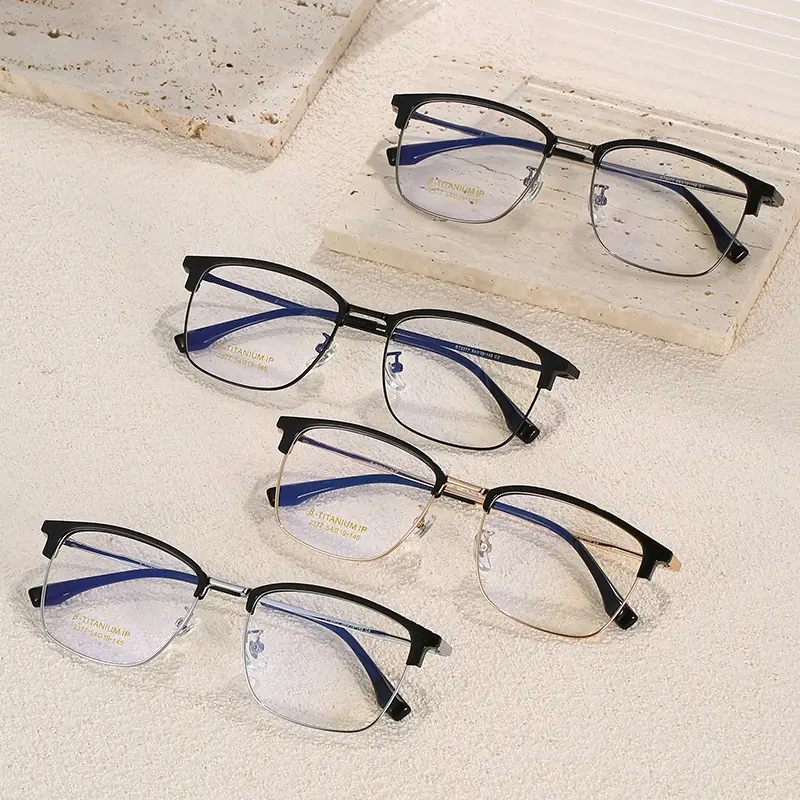 Factory wholesale classic semi-titanium square anti-blue light eyeglasses myopia flat lens glasses frames