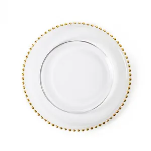 MESA DE BODA decorativa de cristal transparente con cuentas doradas, platos y platos dorados, oferta, 2022