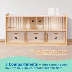 Wooden Kids Toy Display Storage Shelf Children Montessori Kindergarten Bookshelf With 5 Storage Bins