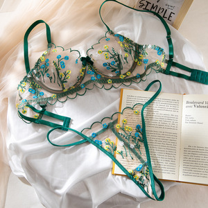 High Quality Women's Lace <strong>Green</strong> Floral Embroidery Bra <strong>Underwear</strong> <strong>Set</strong> Sexy Mesh See-Through <strong>Set</strong> Women's Sexy Lingerie - Product Image 6