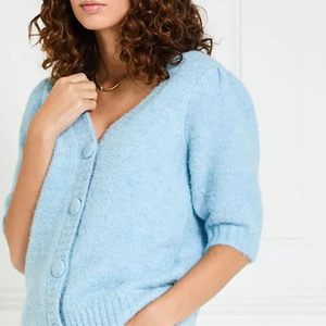 Cárdigan de punto abotonado azul claro de corte holgado Cárdigan de punto borroso azul claro de estilo informal (media manga) - Product Image 2