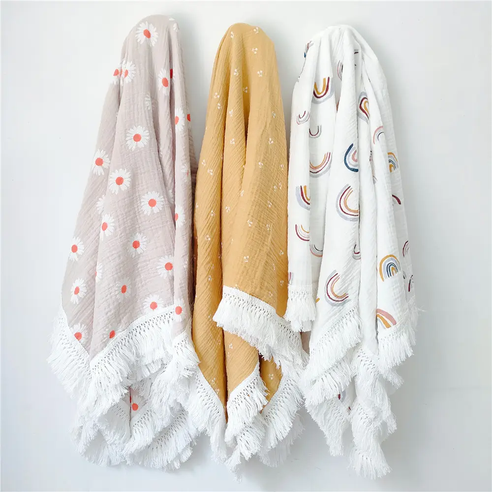 Soft Baby Cotton Muslin Crepe Printed Throw Blanket Swaddle Wrap Fringe Blankets for Newborn Baby Tassel