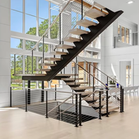 Escalier intérieur moderne en bois sur mesure, à poutre droite, cantilever avec garde-corps à câbles, marches en bois pour intérieur