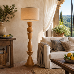 Lampada da Terra Moderna Wabi-sabi Lavalux con Paralume in Lino per Soggiorno, Luce da Terra in Legno di Quercia Stile Nordico Rustico - Product Image 1