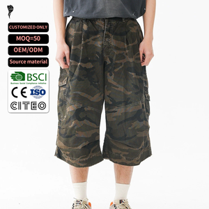 Shorts cargo camouflage pour homme, taille mi-haute, en toile élastique respirante, longueur capri, style streetwear - Product Image 1
