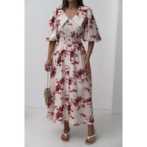 Vestido Rojo Floral con Cinturón y Cuello Peter Pan, Estilo Línea A, Tejido, Informal, Transpirable, para Uso Diario, Venta al Por Mayor - Product Image 2