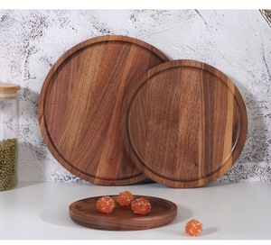 Peinture à la main café plateau de service rond en bois plat - Product Image 4