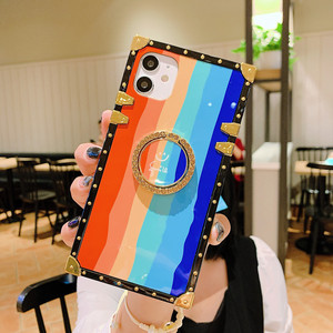 For <span class=keywords><strong>Iphone</strong></span> XR <span class=keywords><strong>11</strong></span> 12 Ladies Square Rainbow Casing Leather  Mobile Phone Case  With Finger Hold - Product Image 4