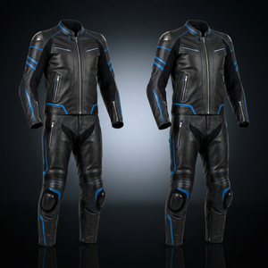 Ensemble veste et pantalon de moto en cuir noir et bleu pour homme, combinaison de moto coupe-vent - Product Image 1