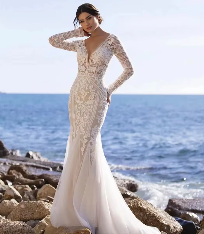 champagne colored beach wedding dresses Champagne A-Line Wedding Gown w/ Lace Bodice & Plunging Neckline main image 1