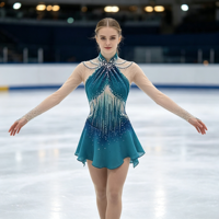 Robe de patinage artistique bleu turquoise dégradé à col halter, ornée de strass et de mailles, à manches longues, pour la compétition et les spectacles des adultes et des enfants
