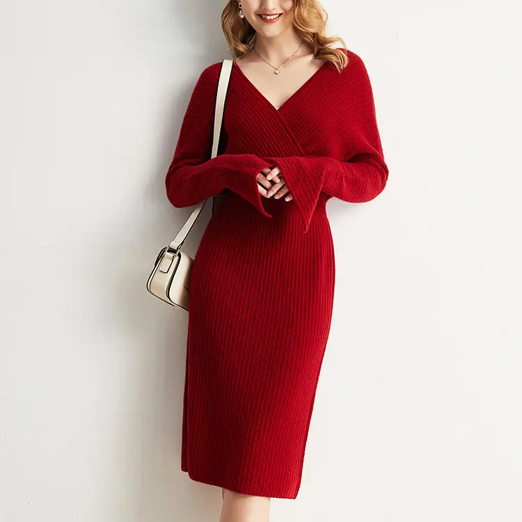 New 2022 Hot Sales Product Red Beige black Color Women Long Sleeve V Neck Knit Sweater Dress For Ladies