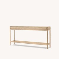 Console scandinave haut de gamme en chêne clair avec trois tiroirs, poignées en laiton vieilli, pieds courbés, étagère inférieure, pour salon, durable