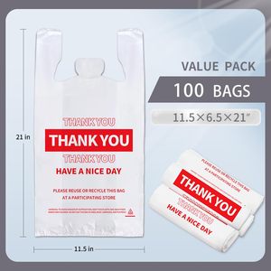 White Plastic Shopping <b>Bags</b> With Handles Large Size Thank You Print 100 Pack For Grocery Retail Use - Product Image 2