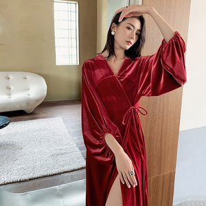 Albornoz liso <span class=keywords><strong>Pijamas</strong></span> Mujer sexy terciopelo de lujo ropa de dormir pleuche polar elegante señora Albornoz de terciopelo - Product Image 2