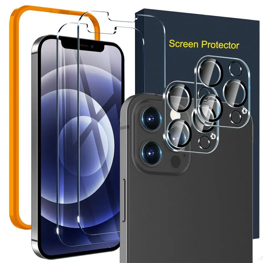 Ruyu Screen Protector with iPhone 12 2 Pack Tempered Glass + 2 Pack Camera Lens Protector With Easy Installation HD Clear