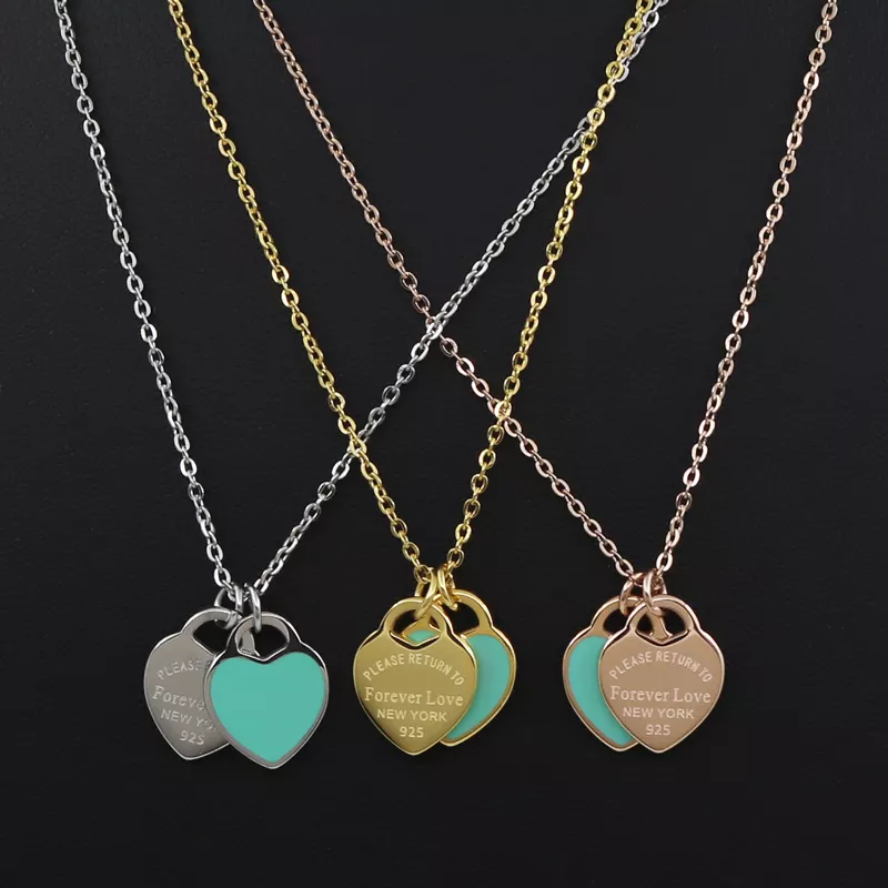 Collar de acero inoxidable con doble corazón esmaltado para mujer, joyería de amor para mujer, con letras T, regalo venta al por mayor