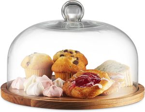 Support à gâteau en bois 2 en 1 avec dôme en verre - Plateau de service multifonction et plateau à fromage pour la décoration de la maison et les cadeaux - Product Image 2