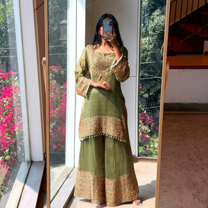 Women's Olive Green Cotton Salwar Kameez With Gold Embroidery Traditional Indian Pakistani Wedding Wear Loose Fit <b>Ankle</b>-Length - Product Image 1