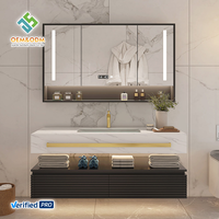 Meuble de salle de bain moderne OEM avec vasque murale, miroir intelligent étanche et armoire en bois massif