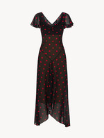 Robe de vacances Nicecover style vintage français, col bénitier, manches volantées, ourlet asymétrique, base noire, pois rouges, en mousseline de soie, longueur midi