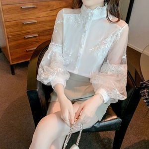 <span class=keywords><strong>Blusa</strong></span> <span class=keywords><strong>blanca</strong></span> Coreana de moda para mujer, Blusas de gasa con cuello levantado, blusas de <span class=keywords><strong>encaje</strong></span> con volantes de <span class=keywords><strong>manga</strong></span> <span class=keywords><strong>larga</strong></span>, blusas elegantes Vintage para mujer - Product Image 4