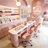 Juego de Muebles de Salón de Uñas de Madera Moderna de Lujo, Mesa de Manicura Dorada, Sillas Profesionales con Superficie de Mármol, Sillas de Belleza para Uñas con Colector de Polvo