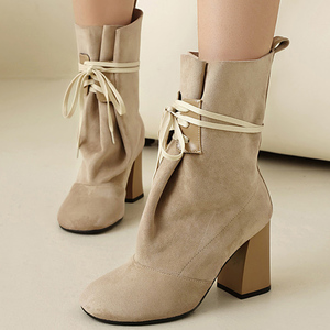 Big Size 46 Wide Fit Styles Women's High Chunky Heels Ankles <b>Boots</b> Front Lace up Shoes Square Toe Suede Short Booties - Product Image 4