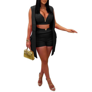 Elegante Conjunto de Tres Piezas para Mujer, Chaleco de Color Sólido, Chaqueta con Cuello Camisero, Pantalones Cortos, Moda - Product Image 3