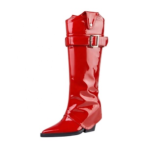 Cow Boy Western Styles Women Red Patent <b>Knee</b> <b>High</b> Boots 7.5cm Chunky Heels Overlay Booties Buckles Pants Shoes - Product Image 3