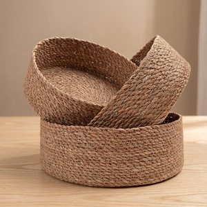 Natural Water Hyacinth Round Storage <b>Baskets</b> <b>Stackable</b> Eco-Friendly Rustic Multi-Purpose Shallow Woven <b>Basket</b> - Product Image 4