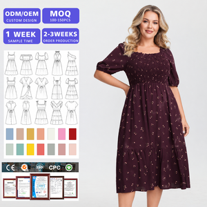 Vestido Casual Chic de Estilo Prairie para Mujer Talla Grande, de Gasa con Estampado Floral, Corte en A, Manga Abullonada, Cuello Cuadrado y Largo hasta la Rodilla - Product Image 1