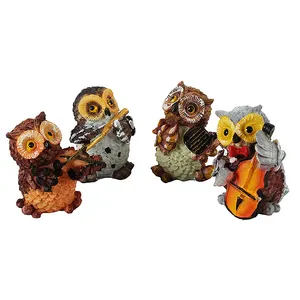 Wholesale Custom Household Decor Mini 3D Animal Figurines cute polyresin owl playing Musical Instruments figurines