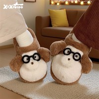 XIXITIAO Pantoufles d'hiver amusantes en forme de chien avec lunettes, en coton, unisexe, à bout fermé, en peluche, semelle EVA, pour intérieur et chambre